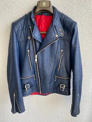 Buy Vintage Biker Leather Jacket Motorcycle Zips Blue Padded Punk Rock Sz XS-S 34-36 • 125£