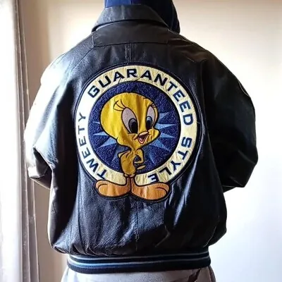 Buy Vintage Looney Tunes Collection (1990s) Black & Blue Leather Jacket  • 400£