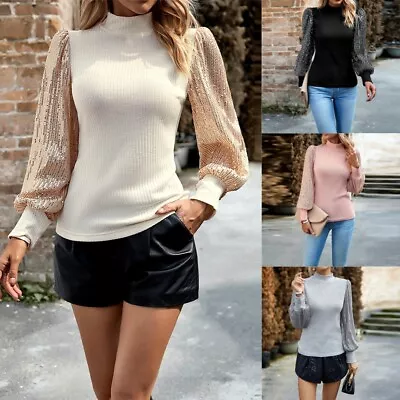 Buy Women Turtle Roll High Neck Jumper Tops Sequin Long Sleeve Ribbed Shirt Pullover • 14.99£