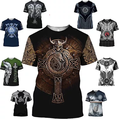 Buy Casual Women Men T-Shirt 3D Print Short Sleeve Tee Tops Viking Tattoo Art Skull • 2.75£