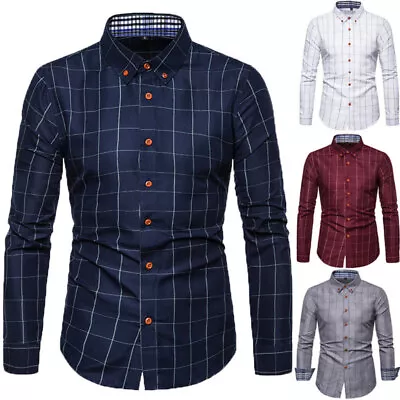 Buy Mens Plaid Printed Slim Fit Shirts Long Sleeve Lapel Collar Button Casual Tops • 14.89£