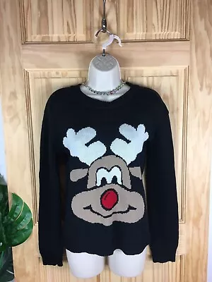 Buy Christmas Jumper Womens Small Medium Chunky Knit Rudolph Black Red Sweater  • 9£