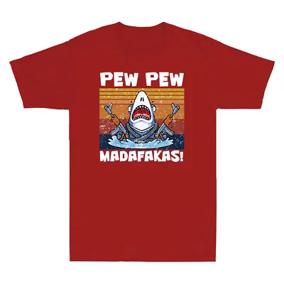 Buy Shark Pew Pew Madafakas Funny Shark Gangster With Gun Vintage Men T-Shirt Cotton • 14.99£