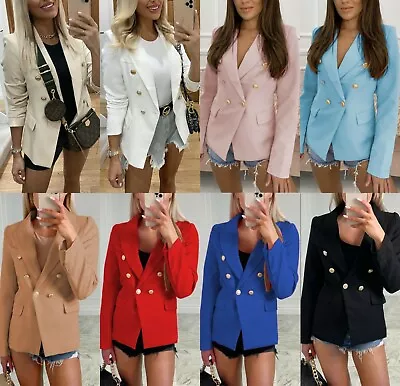 Buy Women’s Gold Button Blazer Ladies Double Breasted Military Formal Office Jackets • 25.90£