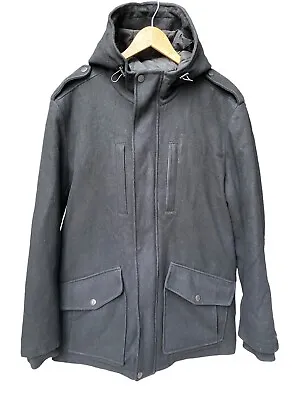 Buy Tommy Hilfiger Men’s Hooded Heavy Black Wool Jacket Designer Size Large Pockets • 23.99£