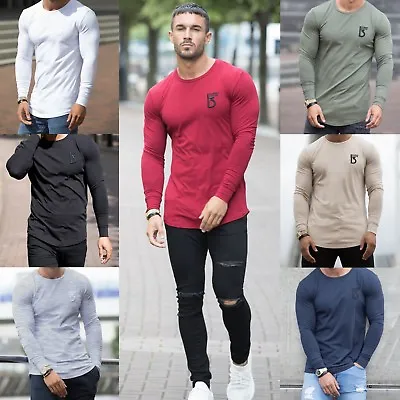 Buy BBH Mens Gym T Shirt Longline Slim Muscle Fit Long Sleeve Plain Curved Hem Tee • 14.99£