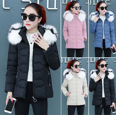 Buy Uk Womens Ladies Quilted Winter Warm Coat Puffer Fur Collar Hooded Jacket Parka • 12.99£