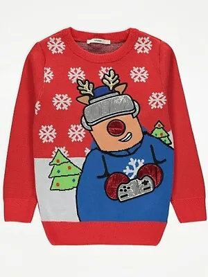 Buy George Gamer Reindeer 100% Cotton Red Christmas Jumper Kids Uk 13-14 Years *new* • 10.95£