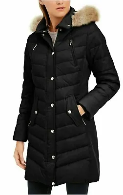 Buy MICHAEL KORS BLACK Hooded Fur Down Chevron Puffer Coat Jacket Petite Large 12 14 • 182.06£