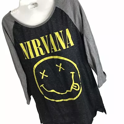 Buy NIRVANA Tee Smiley Face Logo Raglan 3/4 Sleeve Women's T-Shirt L Grunge 2014 • 11.07£