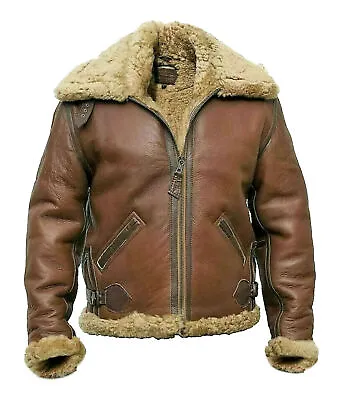 Buy B3 RAF Bomber Mens Brown Aviator Flying Fur Real Leather Jacket Coat • 147.87£
