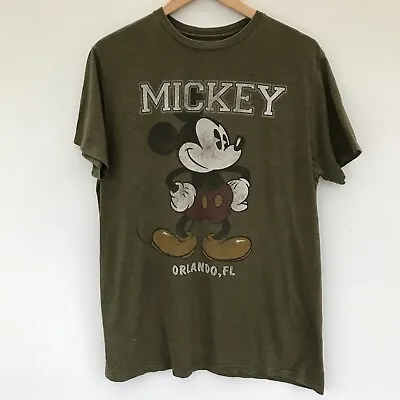 Buy WALT DISNEY Mickey Mouse Faded Graphic T Shirt Green Distressed Short Sleeve • 9.95£