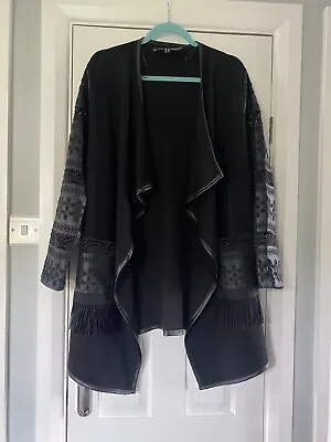 Buy NISSA Women’s Waterfall Jacket UK 12 Black Leather Sleeves Long Fringe Pockets • 16.99£