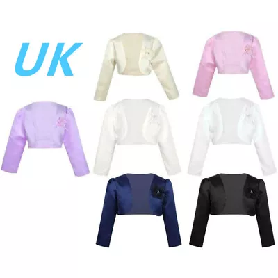 Buy UK Girls Long Sleeves Satin Jacket Bolero Shrug Cardigan Fpr Wedding Party Dress • 12.07£