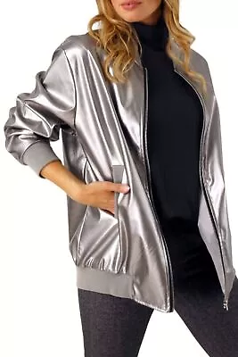 Buy Motto Silver Leather Bomber Jacket Size 10 AU • 93.76£