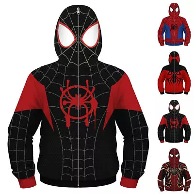 Buy Spiderman Cosplay Costume Kids Miles Morales Hoodie Zip Sweatshirt Coat Jackets • 17.66£