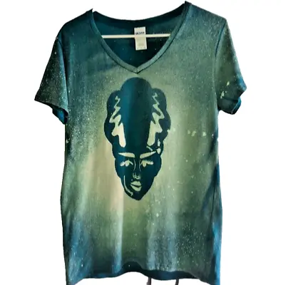 Buy Halloween Bride Of Frankenstein Tee T-Shirt Women’s Large V- Neck Green Bleached • 13.30£