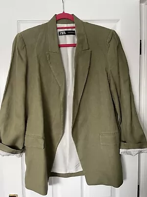 Buy ZARA Women's  Linen Boyfriend Blazer Jacket Size L Green Oversized • 20£