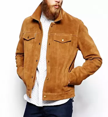 Buy Men's Suede Leather Jacket Trucker Style Slim Fit Brown Suede Leather Jacket • 102£