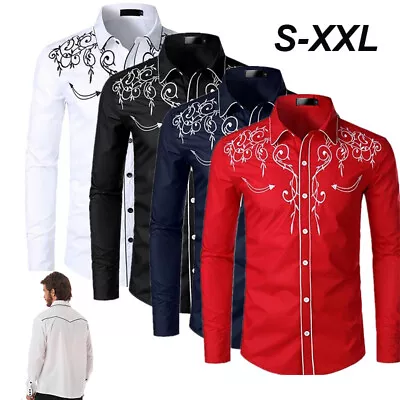 Buy Mens Western Cowboy Shirt Long Sleeve Retro Embroidery Casual Buttons Down Shirt • 14.69£
