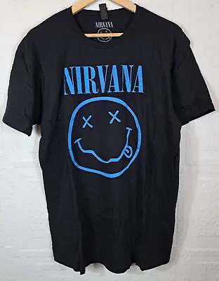 Buy Official Nirvana Blue Smiley Band Music T Shirt Size L • 16.99£