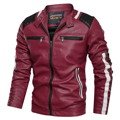 Buy Men's Leather Look Jacket Racing Biker Coat Vintage Padded Retro Lined Casual UK • 50.99£