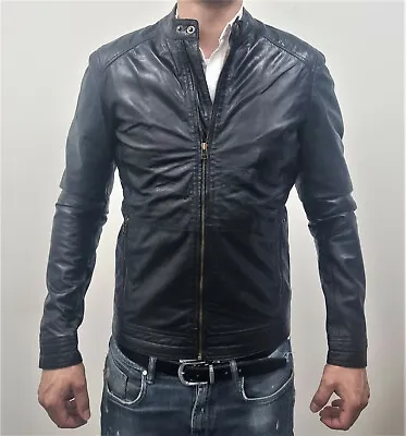 Buy Men's Vintage Black Retro Casual Slim-Fit Retro Leather Biker Jacket • 40.49£