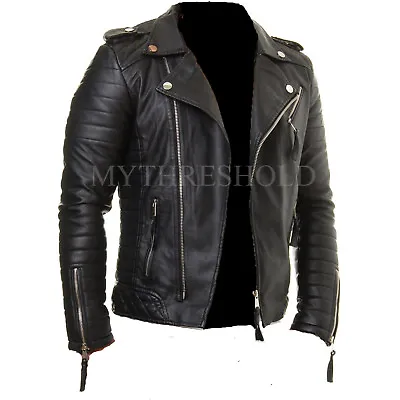 Buy New Men's Genuine Lambskin Leather Jacket Black Slim Fit Biker Motorcycle Jacket • 91.99£