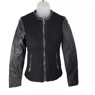 Buy H&M Wool Faux Leather Moto Jacket 2 Womens Black Full Zip Up Zip Pockets • 23.62£