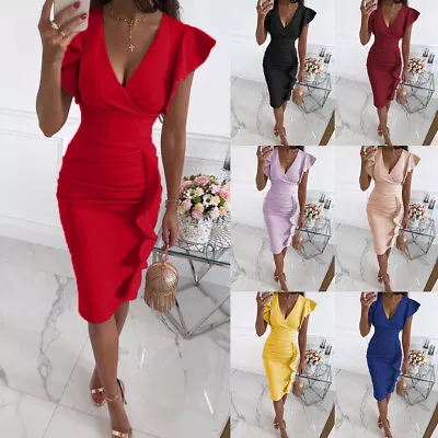 Buy Womens Sexy V Neck Bodycon Mini Dress Ruffle Cocktail Evening Party Ruched Dress • 3.99£