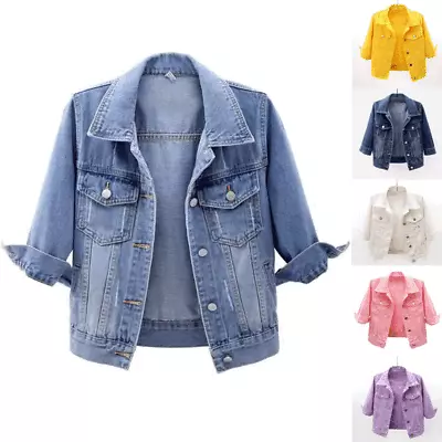 Buy Womens Denim Jacket Womens Coat Color Plain Top Button Up Ladies Short Jean Top • 22.80£