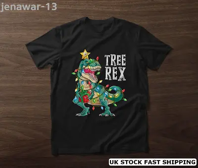 Buy Dinosaur Christmas Tree Rex Pajamas Unisex Xmas S-5XL Tee Lights T-Shirt Black • 18.40£