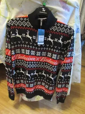 Buy Men's Novelty Christmas Budweiser Themed/patterned Black Jumper Size Medium • 22£
