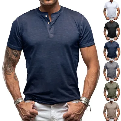 Buy Mens Henley T-shirt Short Sleeve Plain Grandad Neck Tops Casual Summer Blouse • 11.99£