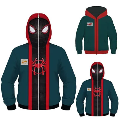 Buy Spiderman Into The Spider Verse Miles Morales Kid Hoodie Jacket Zip Hooded Coat^ • 13.88£
