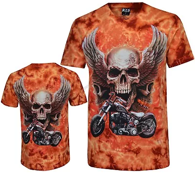 Buy Tie Dye T-shirt 3 Skulls Over Motorcycle Angel Wings Biker Glow In Dark By Wild • 15.95£