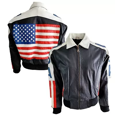 Buy Vintage Leather USA Leather Jacket Xs 90s USA Flag Bomber Black Zip • 79.99£