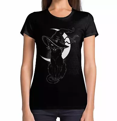 Buy Black Witches Cat With Hat Halloween Women's T-Shirt • 14.95£