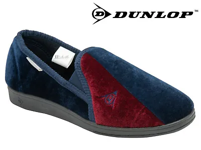 Buy Mens Dunlop Full Slippers Velour Two-Tone Twin Gusset Comfy Warm Navy / Burgundy • 15.99£