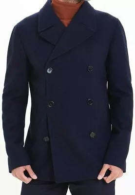 Buy Navy Double Breasted Coat Reefer Mens Wool Blend Military Blue Pea-coat New 2xl • 59.99£