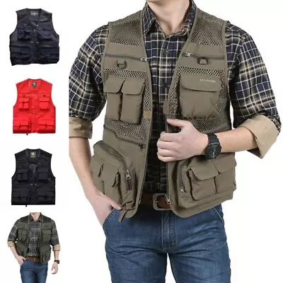 Buy Mens Jacket Vest Multi Pocket Cargo Men Sleeveless Hiking Regular Fit Zip Up • 19.99£