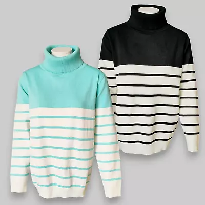 Buy Women Turtle Neck Sweater Winter Striped Jumper Ladies Pullover Tops Oversized M • 10.77£