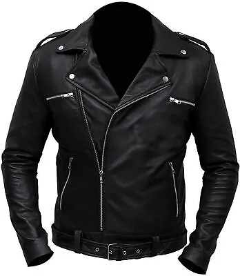 Buy Men's Slim Fit Real Black Leather  Biker Jacket • 29.99£