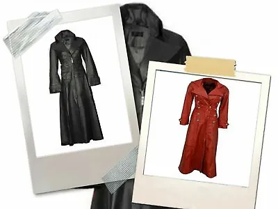 Buy Women's Pure Leather Trench Coat Steampunk Matrix Winter Black & Red Long Jacket • 149.26£