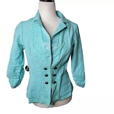 Buy Vanity Blazer Jacket Size Small Mint Blue Cotton Lace Trim 3/4-Sleeves • 20.51£