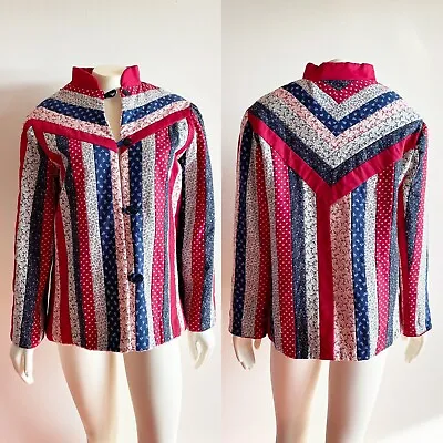 Buy Handmade Vintage Patchwork Quilted Jacket Cottage Red White Blue Reversible • 72.39£