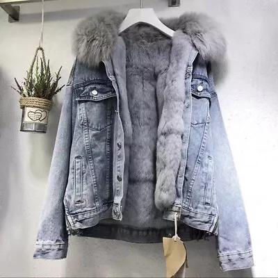 Buy Women's Faux Fur Lined Denim Jacket Keep Warm Fur Collar Casual Winter Outwear • 41.99£