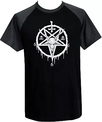 Buy Men's Satanic Raglan T-Shirt Pentagram Leviathan Cross 666 Bones • 21.95£