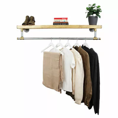 Buy Industrial Clothes Rail With Wooden Shelf - Silver & Brass Tee Fitting Style! • 287.95£