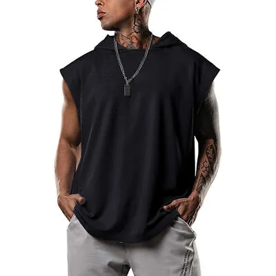 Buy Mens Gym Pullover Vest Sleeveless Casual Hoodie Hooded Tank Top Muscle T-Shirt • 10.99£